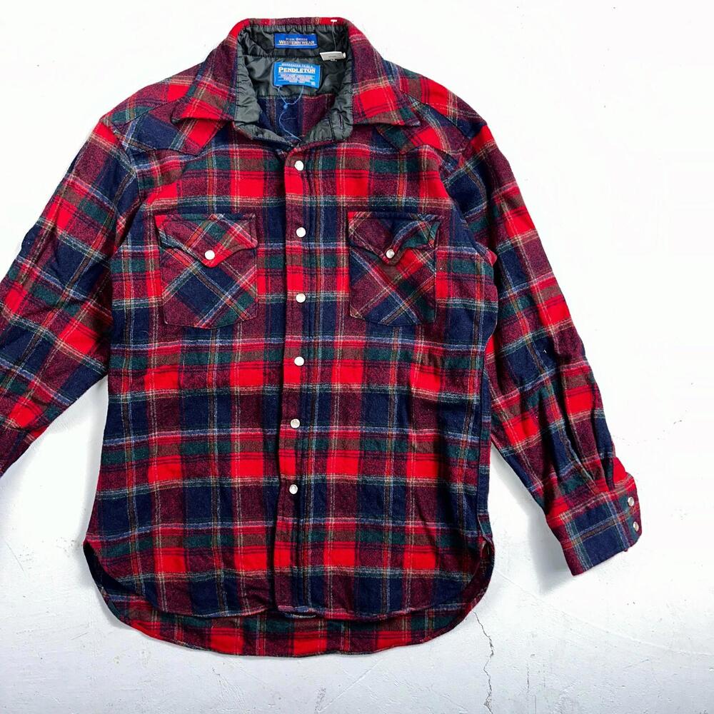 Pendleton VTG 100% Virgin Wool Western Plaid Shirt Pearl Snap Red High Grade